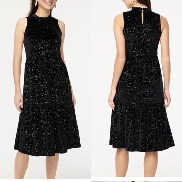 $128 J. CREW Glitter Velvet Tiered Midi Holiday Dress Black Gold Size‎ 12 - Picture 1 of 7